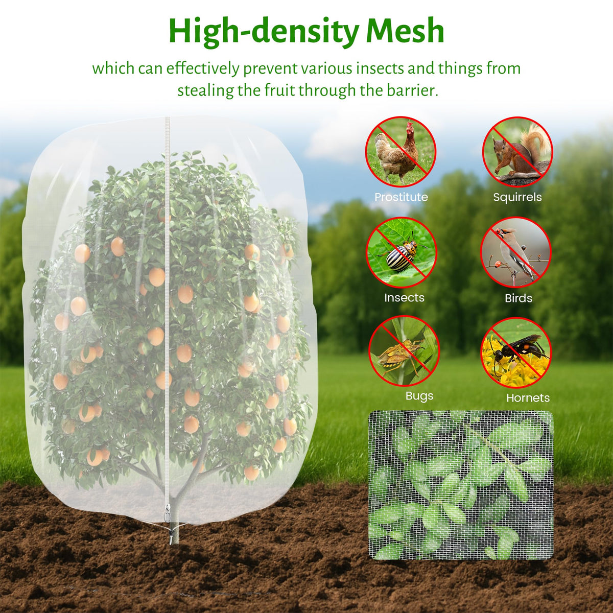 Mixc drawstring netting secures around branches, blocking pests while staying adjustable.