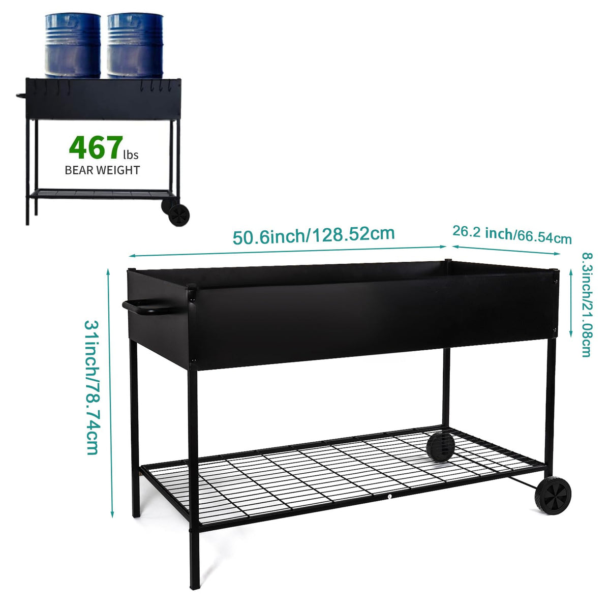 MIXC elevated garden bed with wheels for easy movement on a patio.
