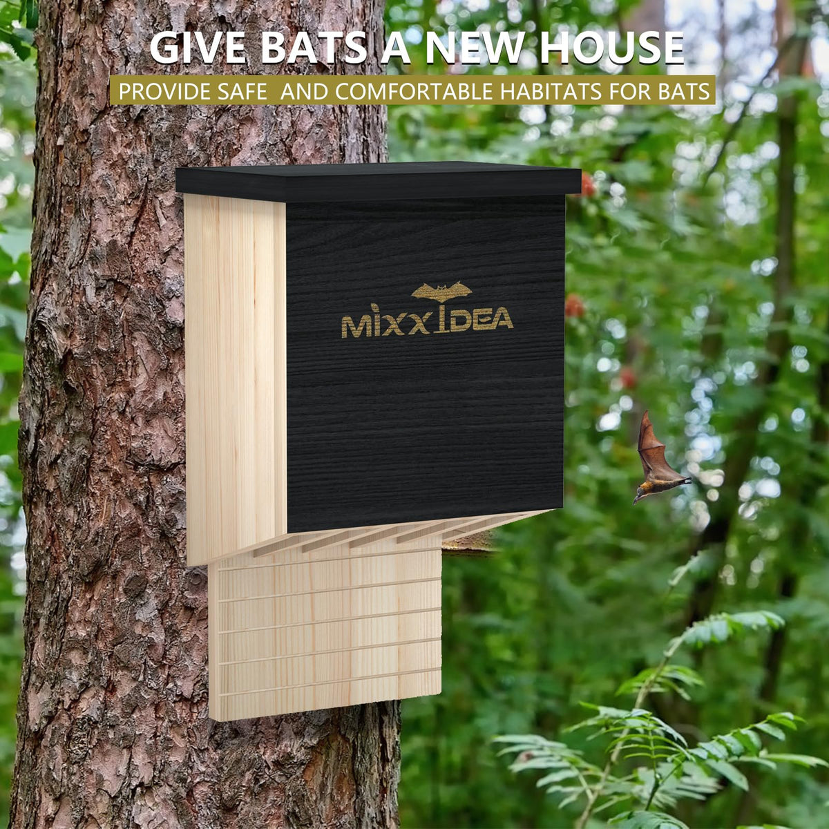 MIXXIDEA easy install bat box mounted with screws and hanging options