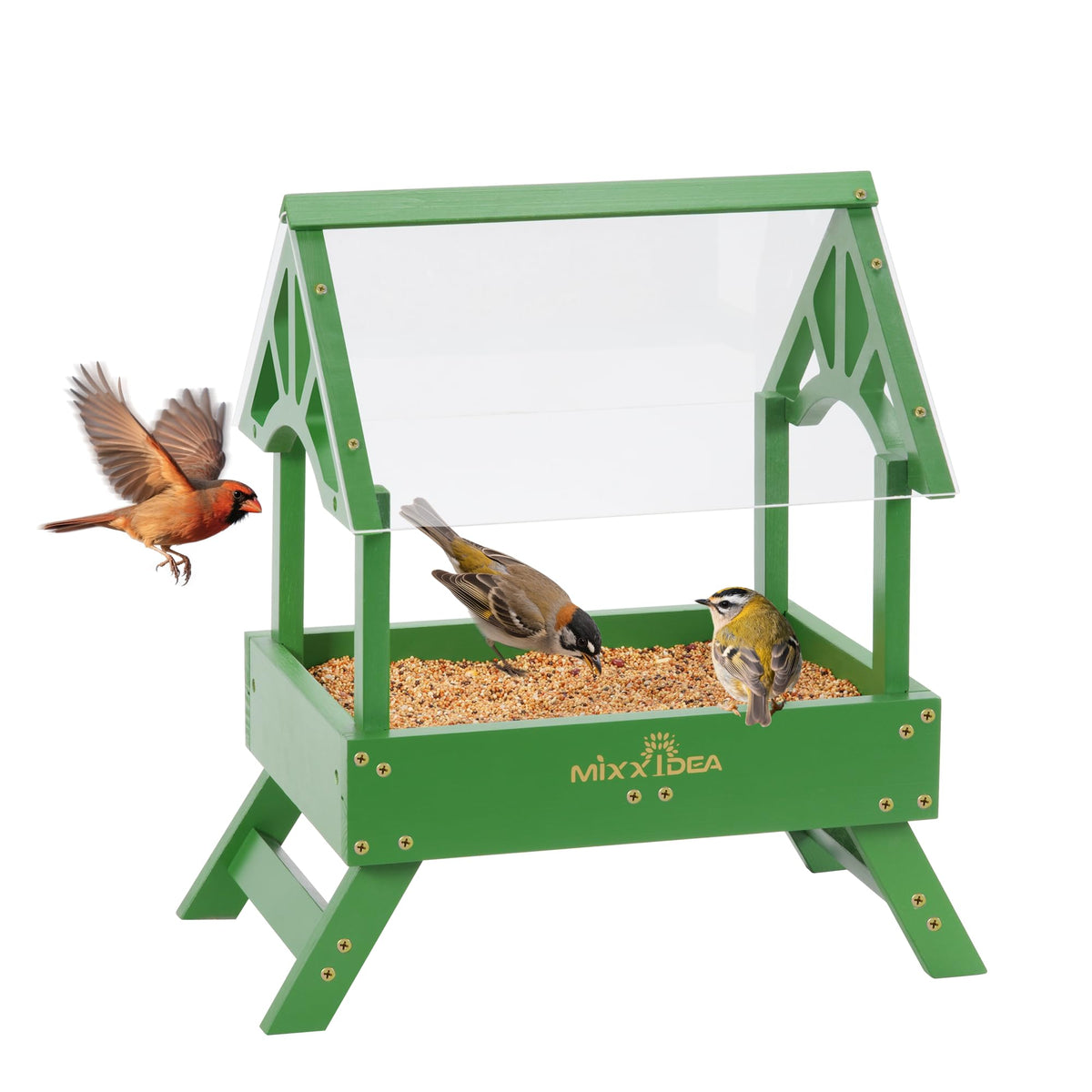MIXXIDEA cedar wood ground feeder for durable year-round yard bird visits.