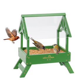 MIXXIDEA cedar wood ground feeder for durable year-round yard bird visits.