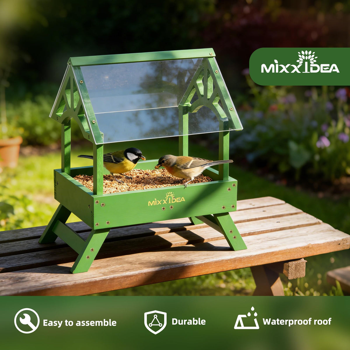 MIXXIDEA ground feeder with mesh-bottom drainage keeps seeds dry.