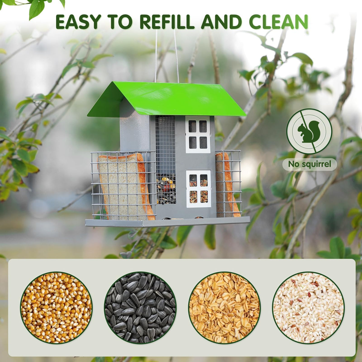 MIXXIDEA large-capacity green feeder reduces refills in a busy yard