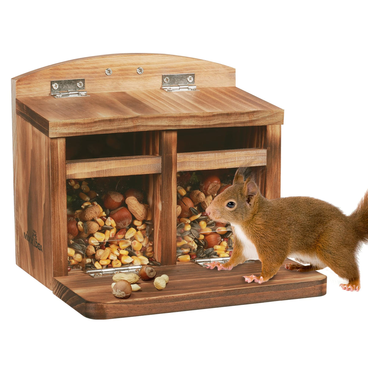 MIXXIDEA large squirrel feeder house front view shows a sturdy outdoor feeder for backyard wildlife.