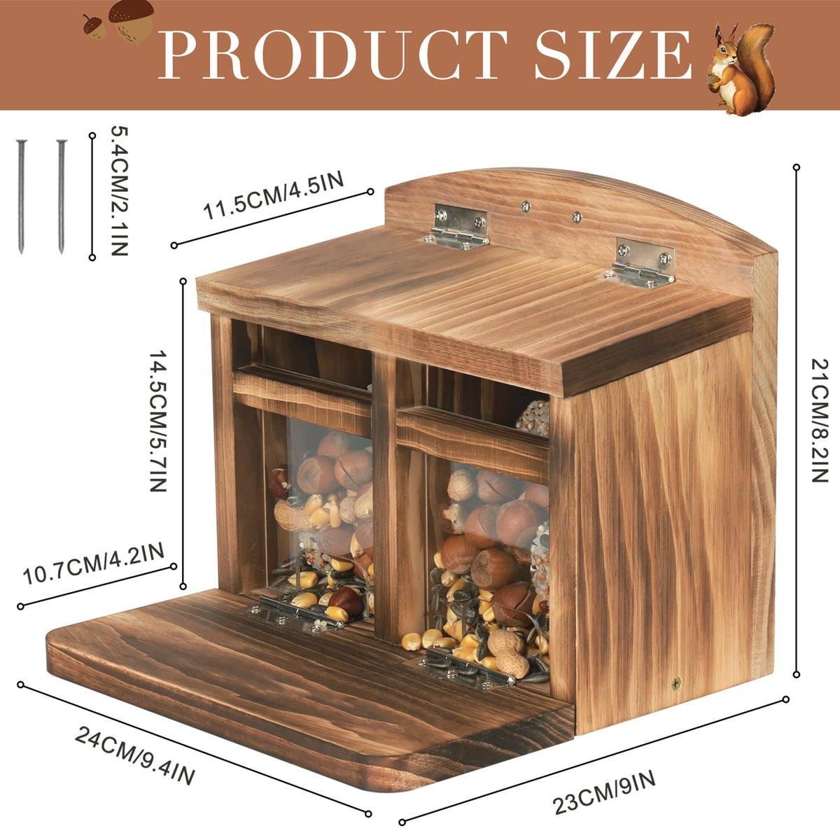 MIXXIDEA large squirrel feeder house roof detail highlights rainproof sloped roof and weather-ready design.