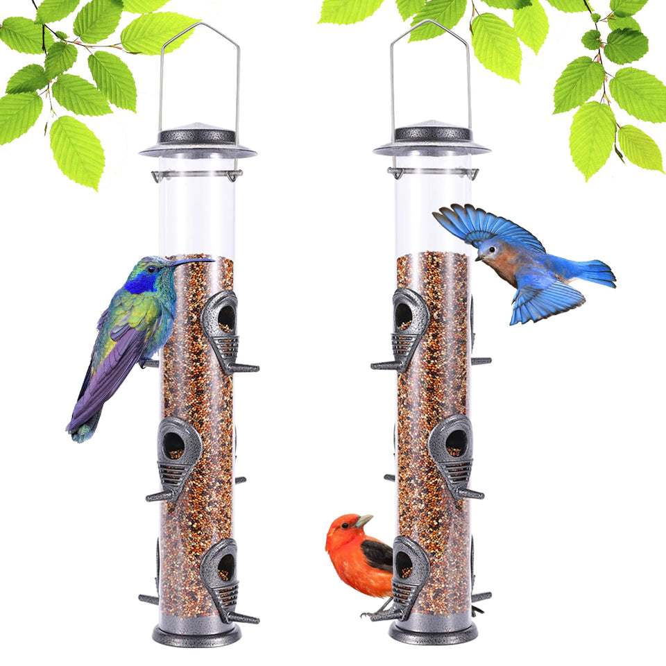 MIXXIDEA six-port metal bird feeder, grey finish, attracts multiple birds.