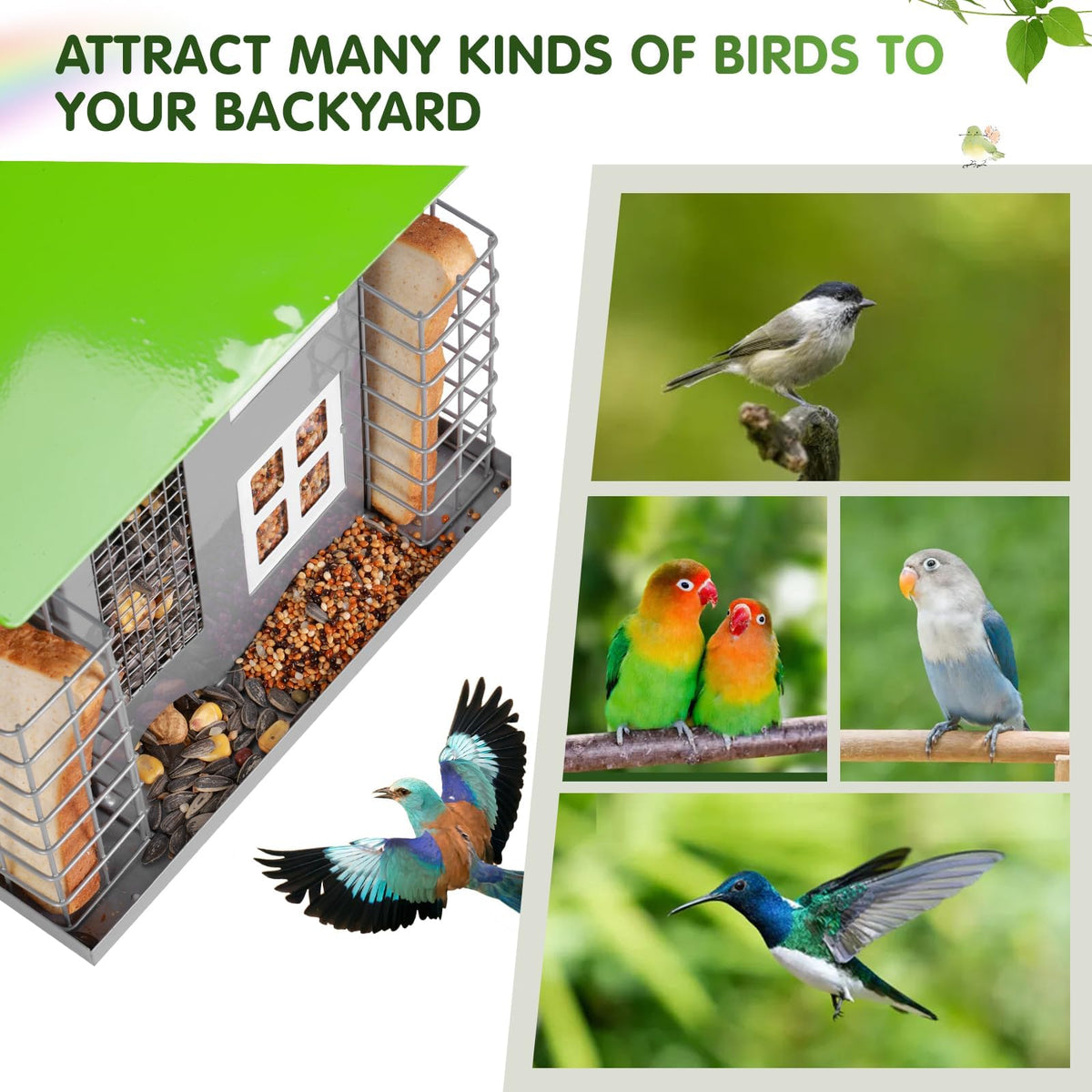 MIXXIDEA rain-protected base green keeps feed dry for birds