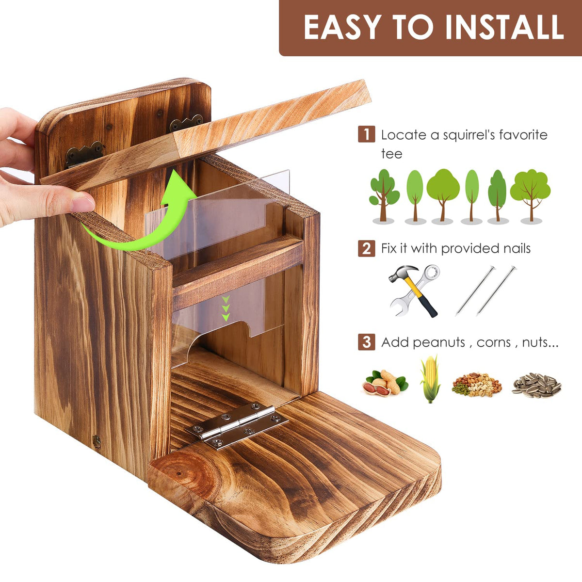 MIXXIDEA Squirrel Feeder Box hanging-installation-tree enables simple setup on a sturdy tree.