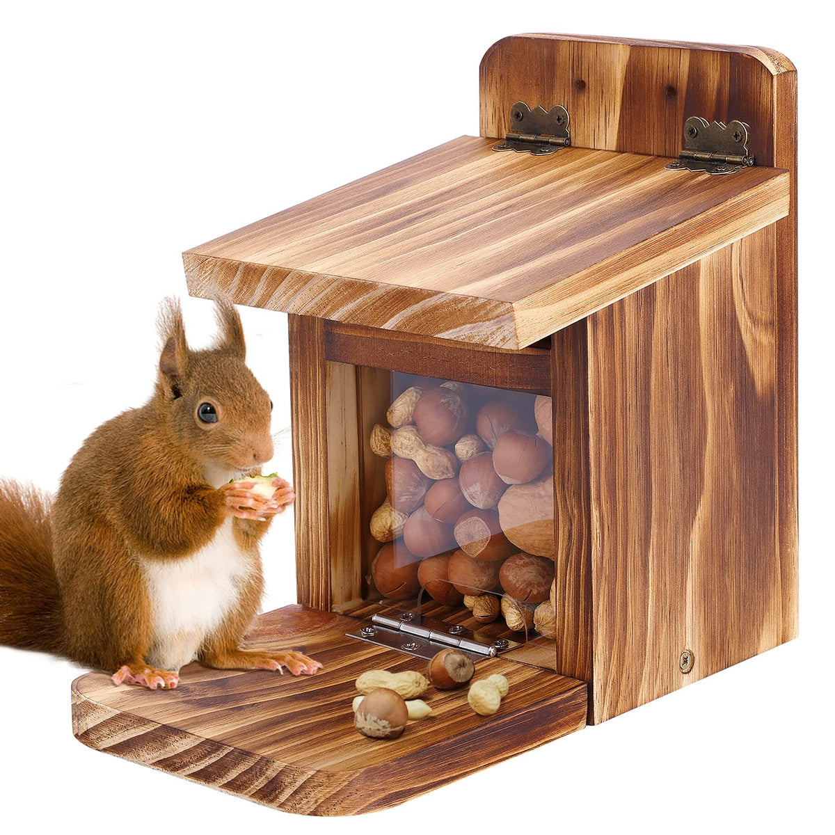 MIXXIDEA Squirrel Feeder Box shows solid-wood-construction for durable backyard feeding.