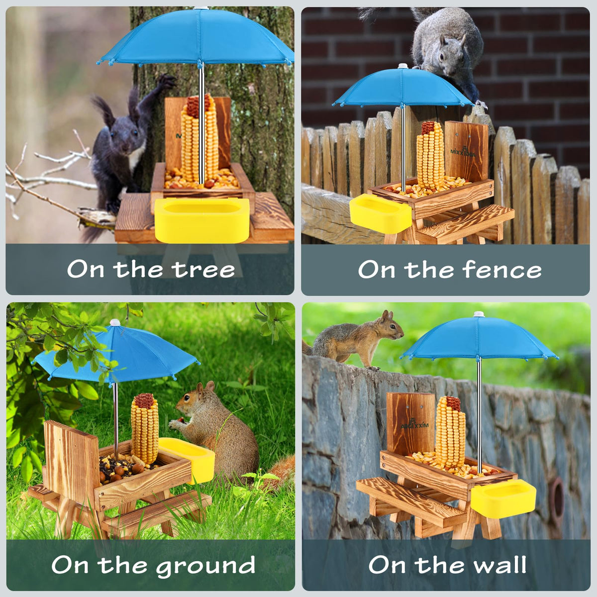 MIXXIDEA Squirrel Feeder Solid Wood construction emphasizes sturdy outdoor use.