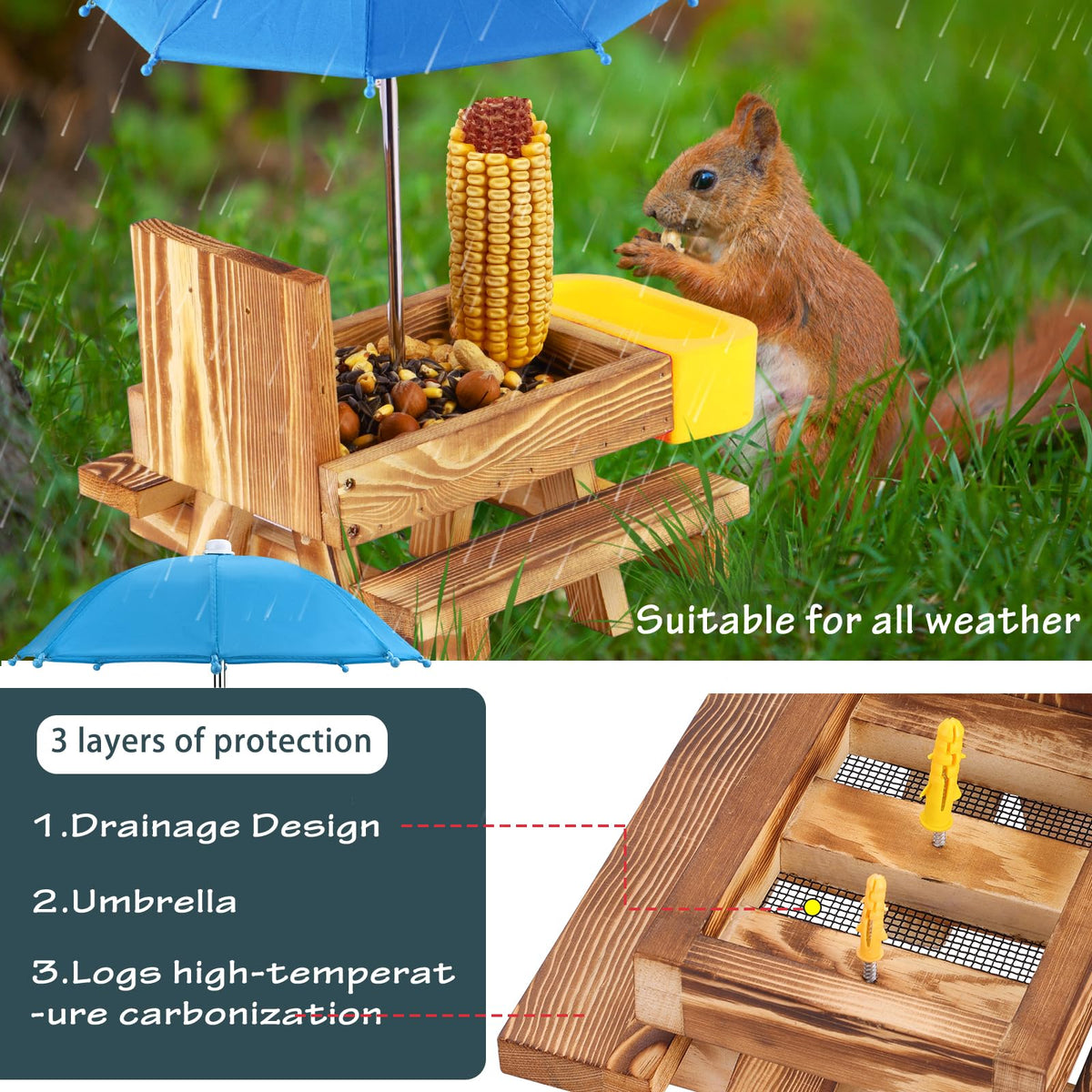 MIXXIDEA Squirrel Feeder Table with Picnic Benches provides roomy seating for visitors.