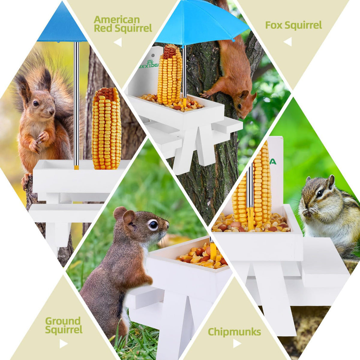 MIXXIDEA Squirrel Feeder Table canopy shields feed from rain during visits