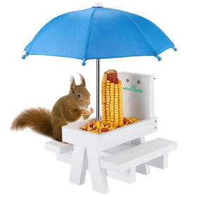 MIXXIDEA Squirrel Feeder Table with Umbrella showing umbrella shade and attracted wildlife