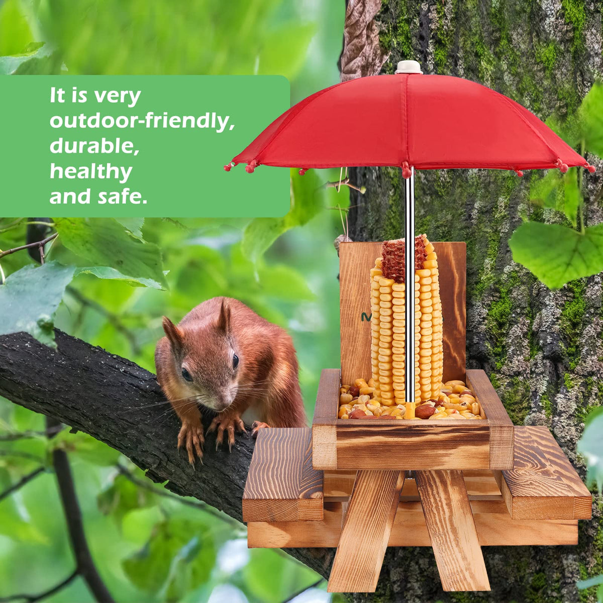 MIXXIDEA Squirrel Feeder two benches invite two squirrels to dine.