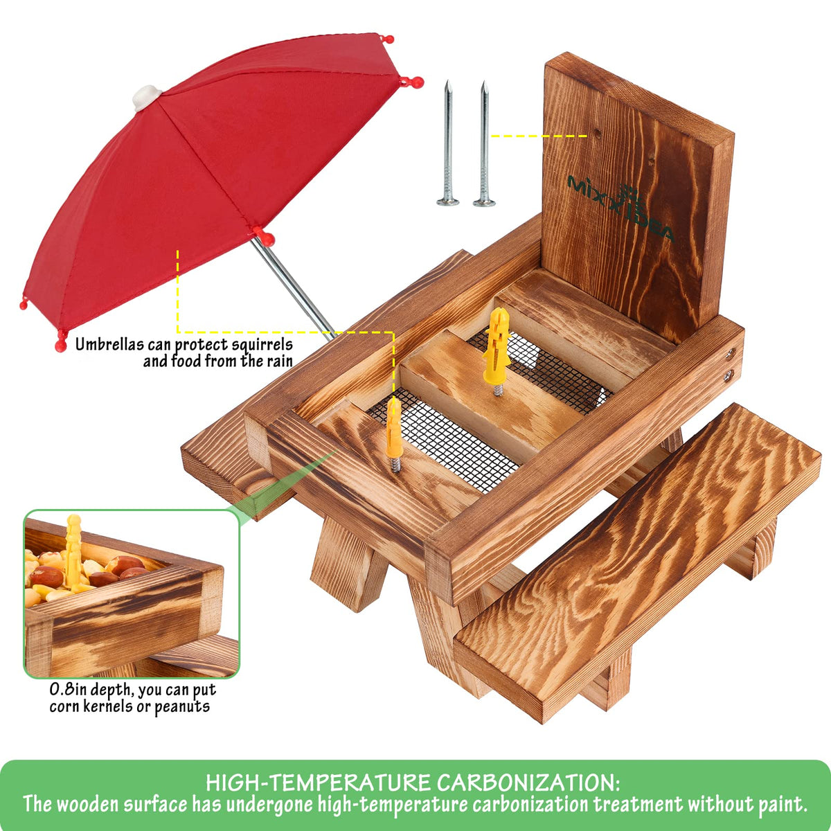MIXXIDEA Squirrel Feeder umbrella shade protects squirrels from sun and rain.
