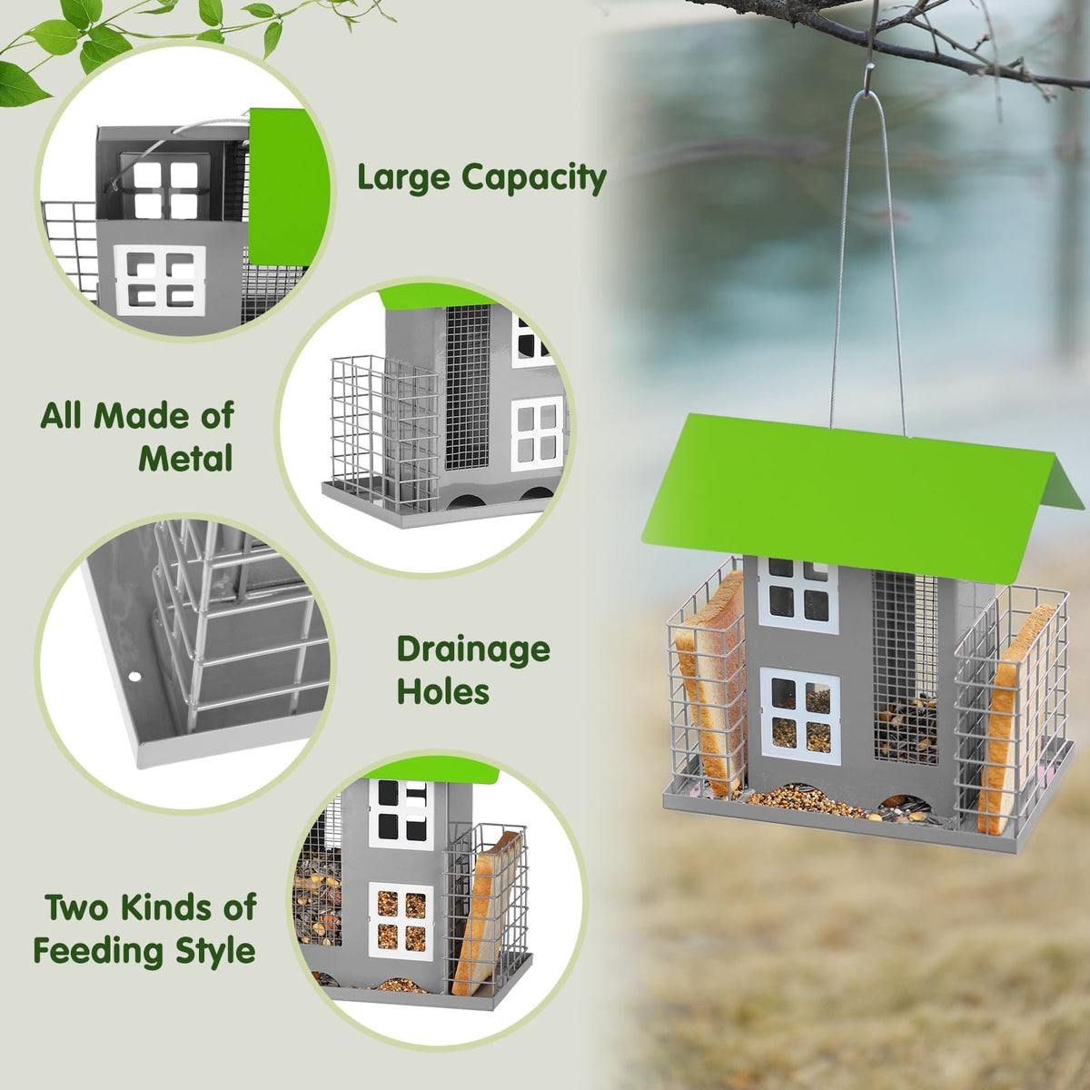 MIXXIDEA two-suet-cage green feeder enhances feeding variety for birds