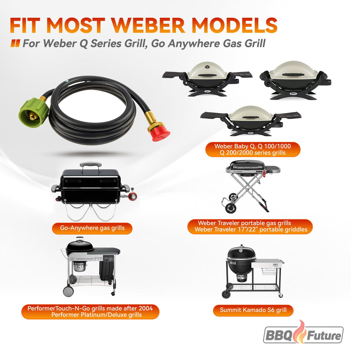 MixRBBQ adapter hose compatible with Weber Traveler and Go-Anywhere grills, 6 feet