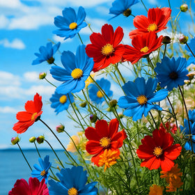 Mixrug cosmos plants in garden bed show strong growth in full sun.