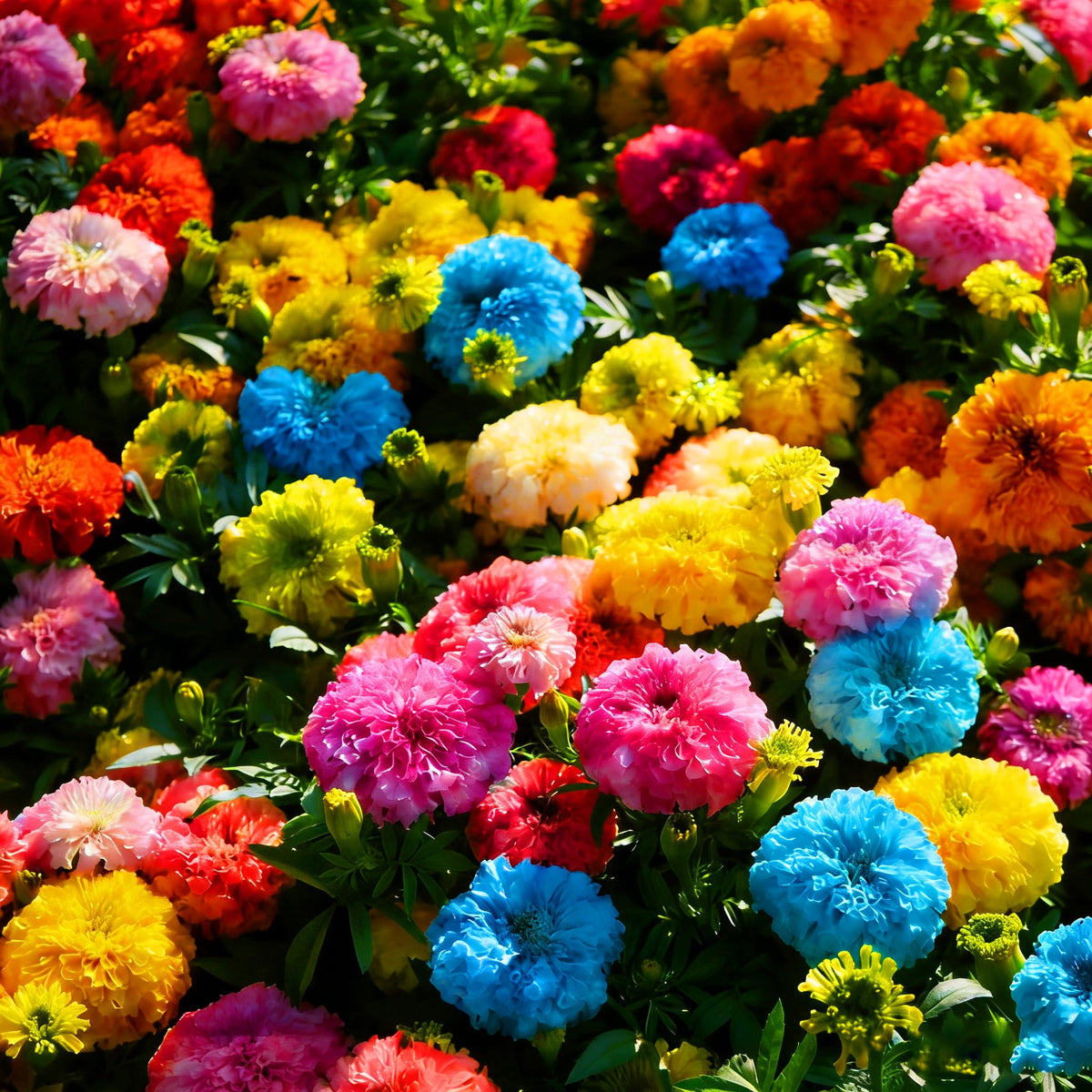 Mixrug Dwarf French Marigold seeds bloom closeup, vibrant petals brighten borders.