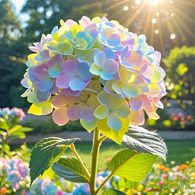 Mixrug Hydrangea in shade garden brightens under trees.
