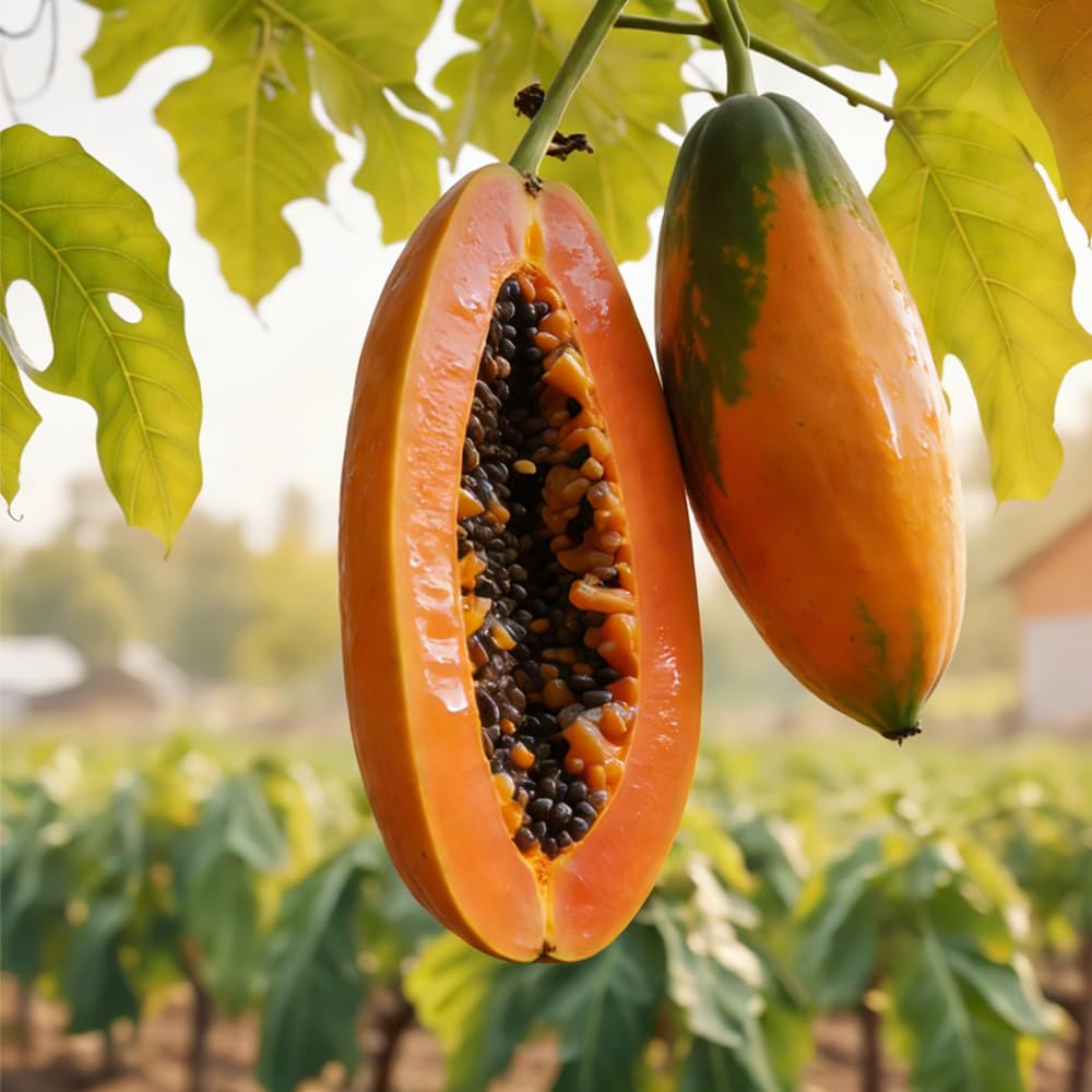 Mixrug papaya fruit closeup with orange flesh ideal for fresh eating