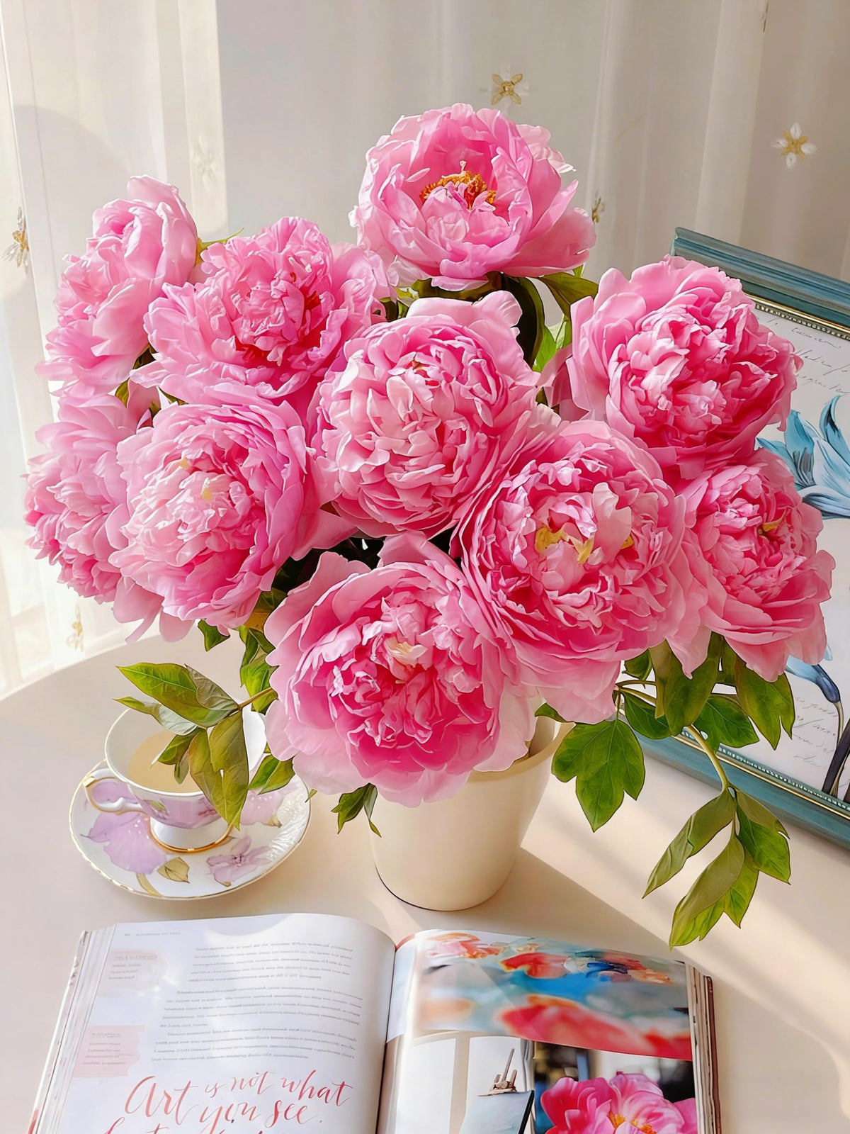 Mixrug peony garden border display with lush, eye-catching blooms.