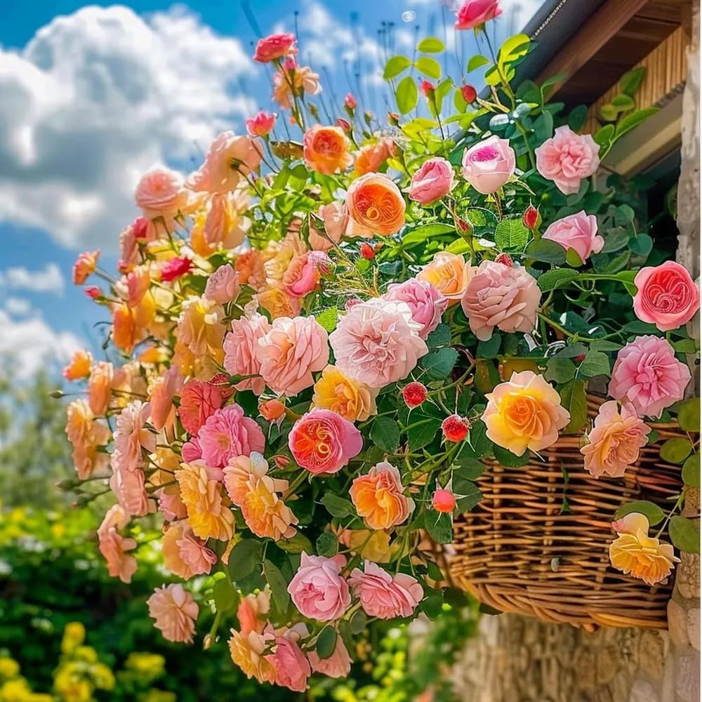 Mixrug roses in bloom enhance garden color and fragrance.