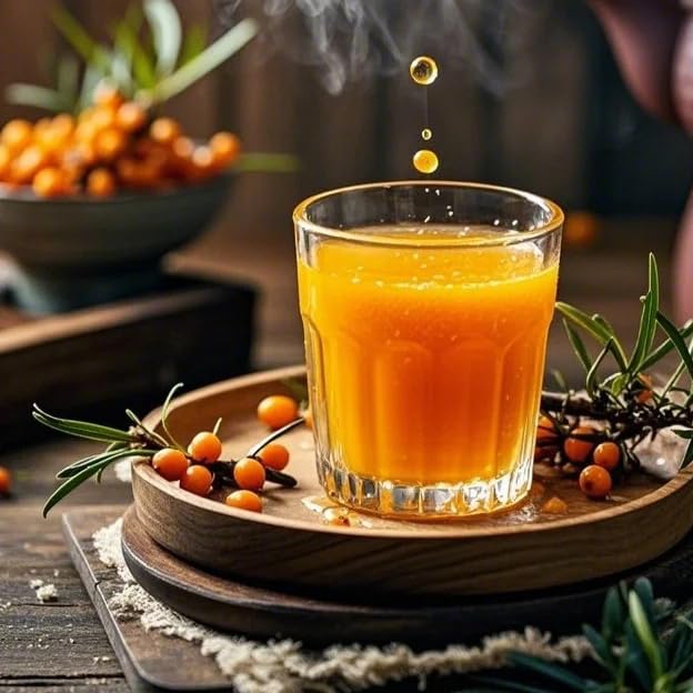 Mixrug sea buckthorn fruit on bushes with bright, ripe berries for fresh use