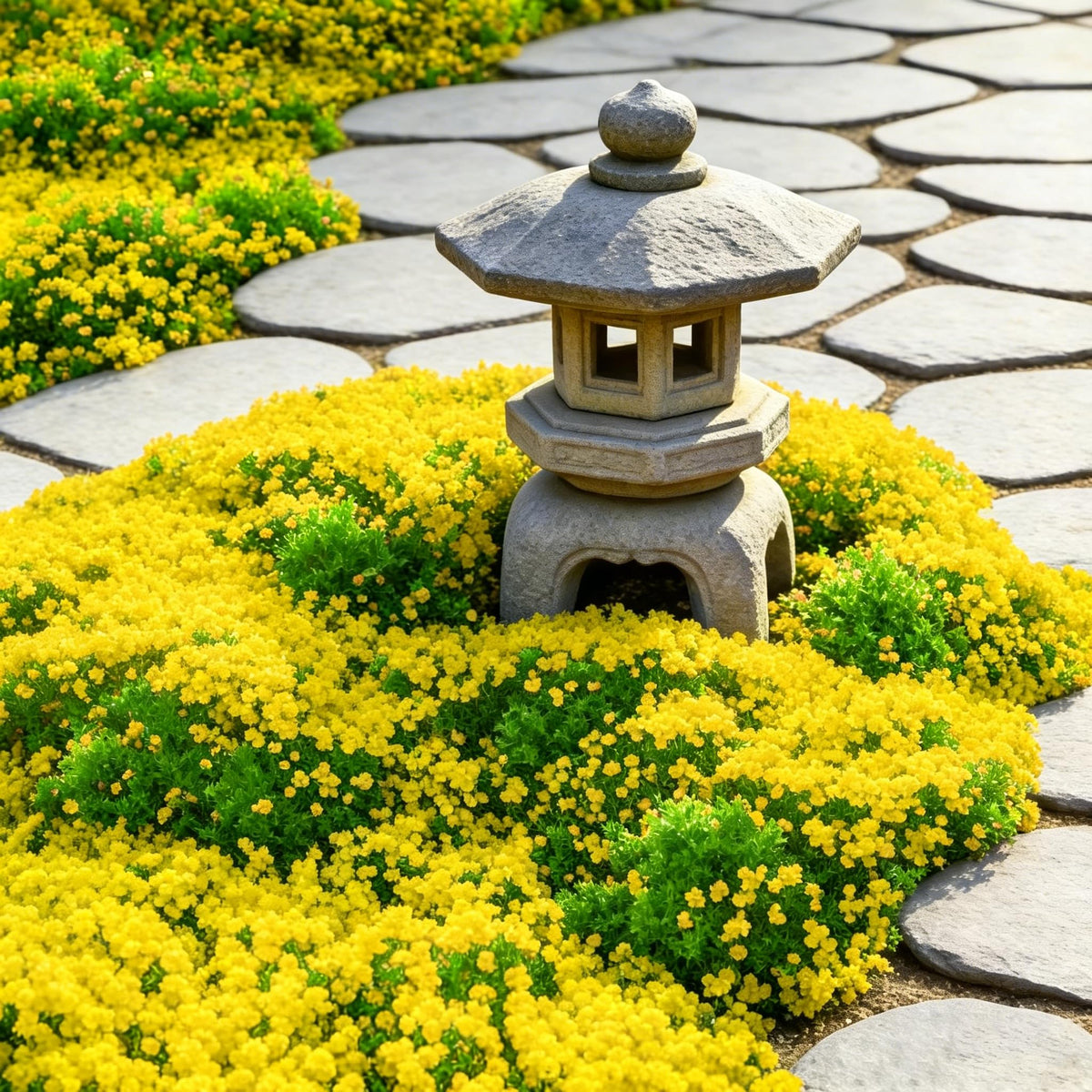 Bloom detail of Mixrug Yellow Creeping Thyme with purple flowers.