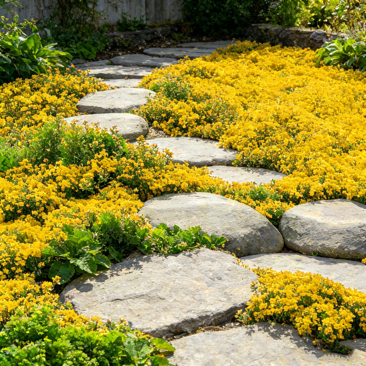 Dense ground-cover mats formed by Mixrug Yellow Creeping Thyme.