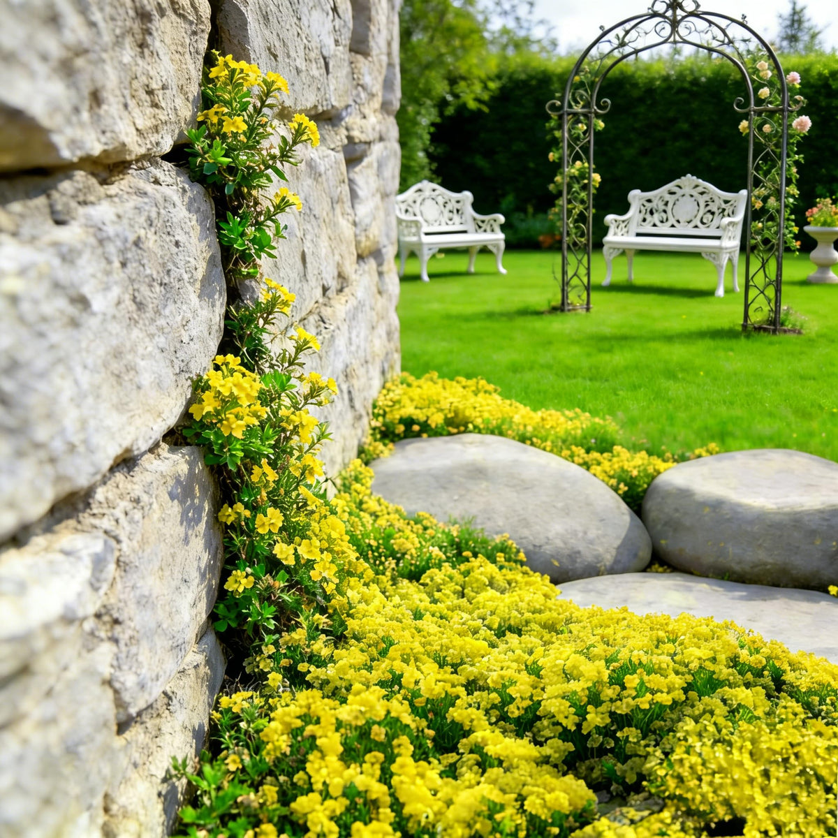 Mixrug Yellow Creeping Thyme creates dense coverage along a pathway.
