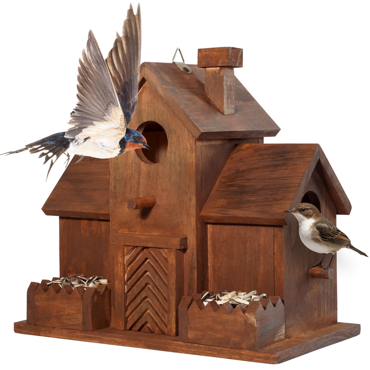 MIXUMON Outdoor 3-hole bird house with bluebird in view and central nesting area