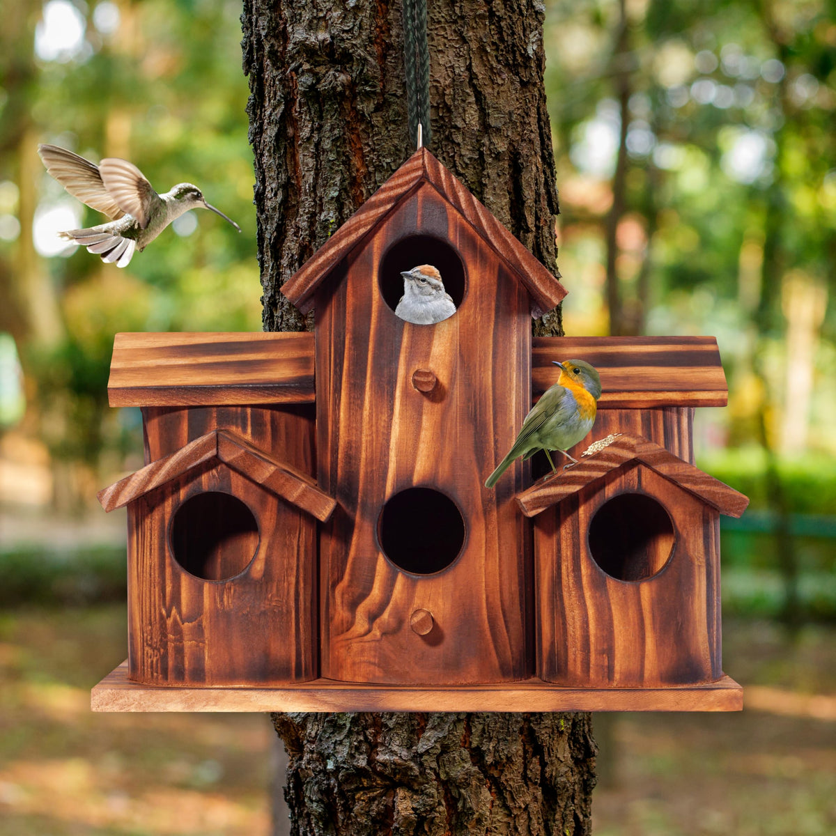 Mixumon carbonized pine wood finish blends with outdoor decor