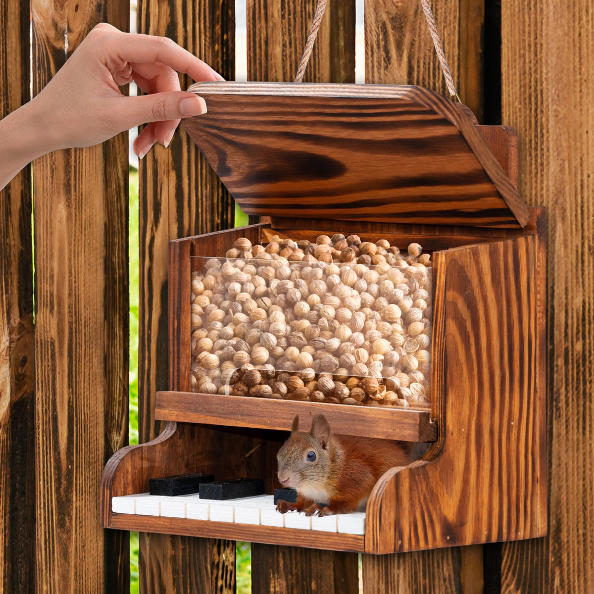 MIXUMON outdoor wildlife feeder invites squirrels to visit your garden.