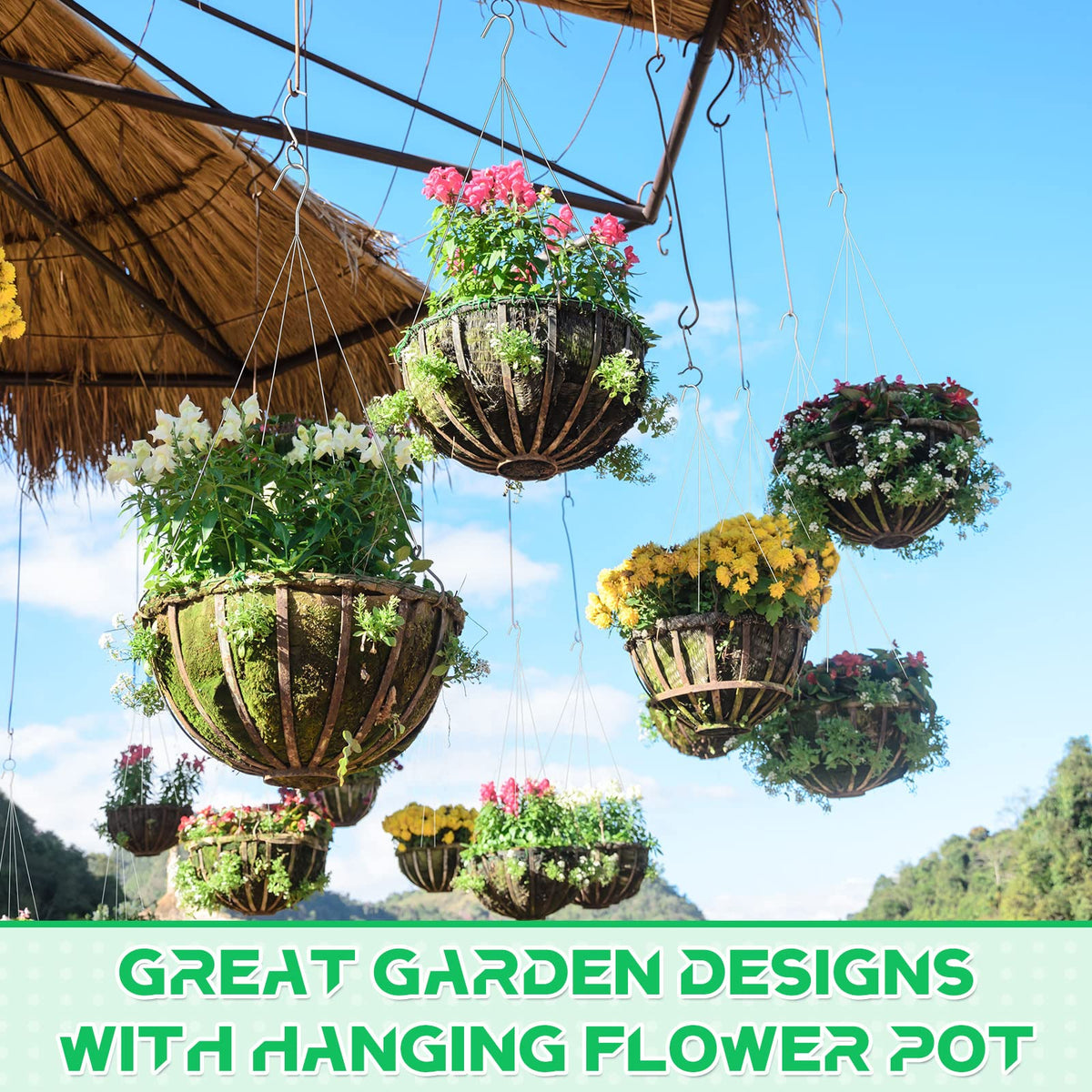 Mixweer hanging basket setup with flower pots and hooks using wire hangers.