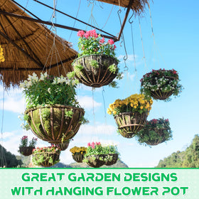 Mixweer hanging basket setup with flower pots and hooks using wire hangers.