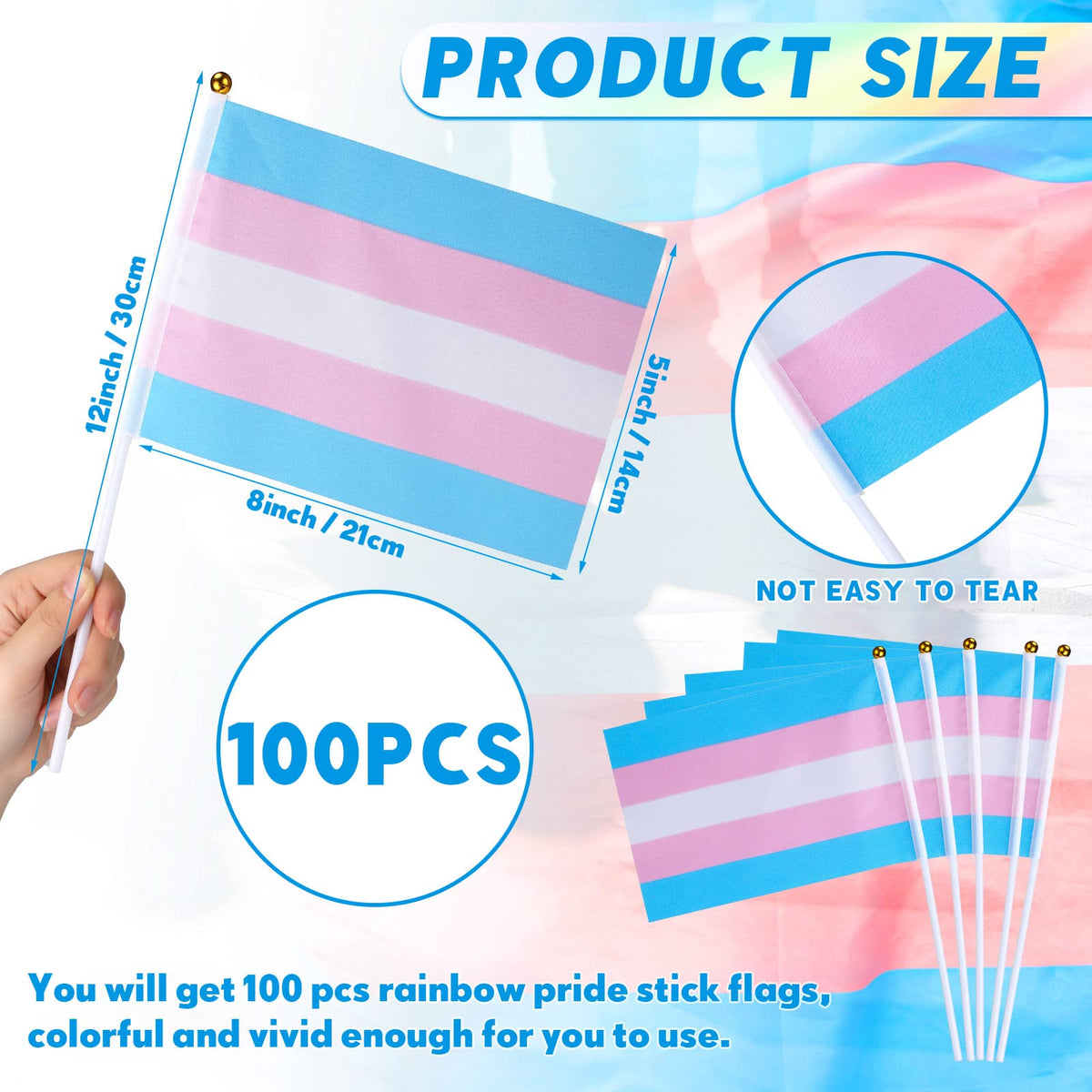 Mixweer transgender pride flag on stick for parades and celebrations