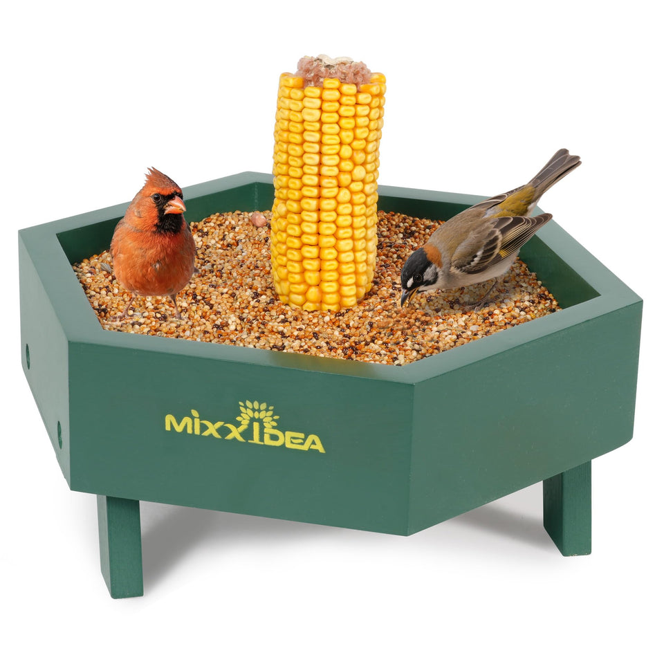 MIXXIDEA Ground Bird Feeder with wooden mesh tray keeps seed dry for birds.