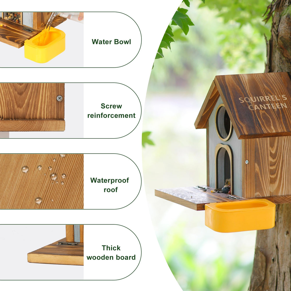 MIXXIDEA wooden squirrel feeder with open roof for quick loading and cleaning.