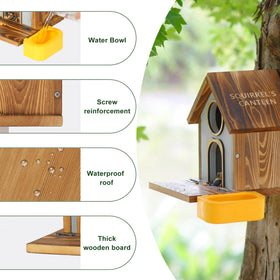 MIXXIDEA wooden squirrel feeder with open roof for quick loading and cleaning.
