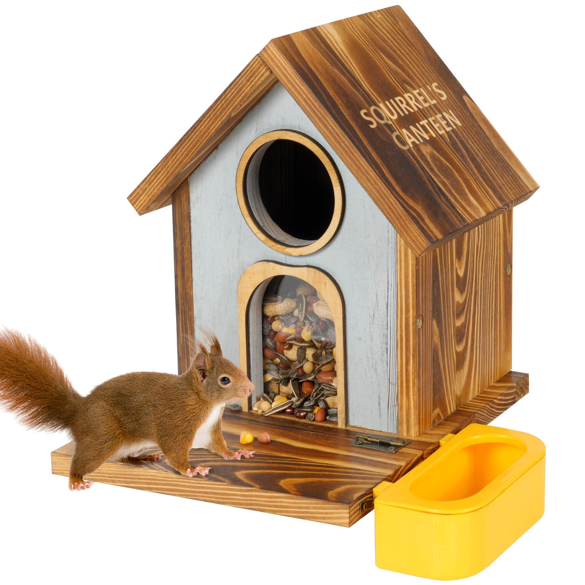 MIXXIDEA wooden squirrel feeder with large capacity for nuts and chestnuts, easy to mount.