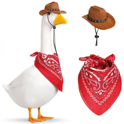 Mizlay western cowboy hat and red bandana on a goose for instant curb appeal.