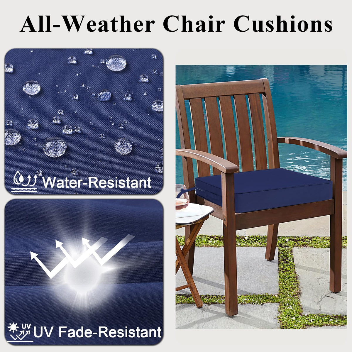 MJIAIDEA blue cushion on wooden chair in outdoor setting
