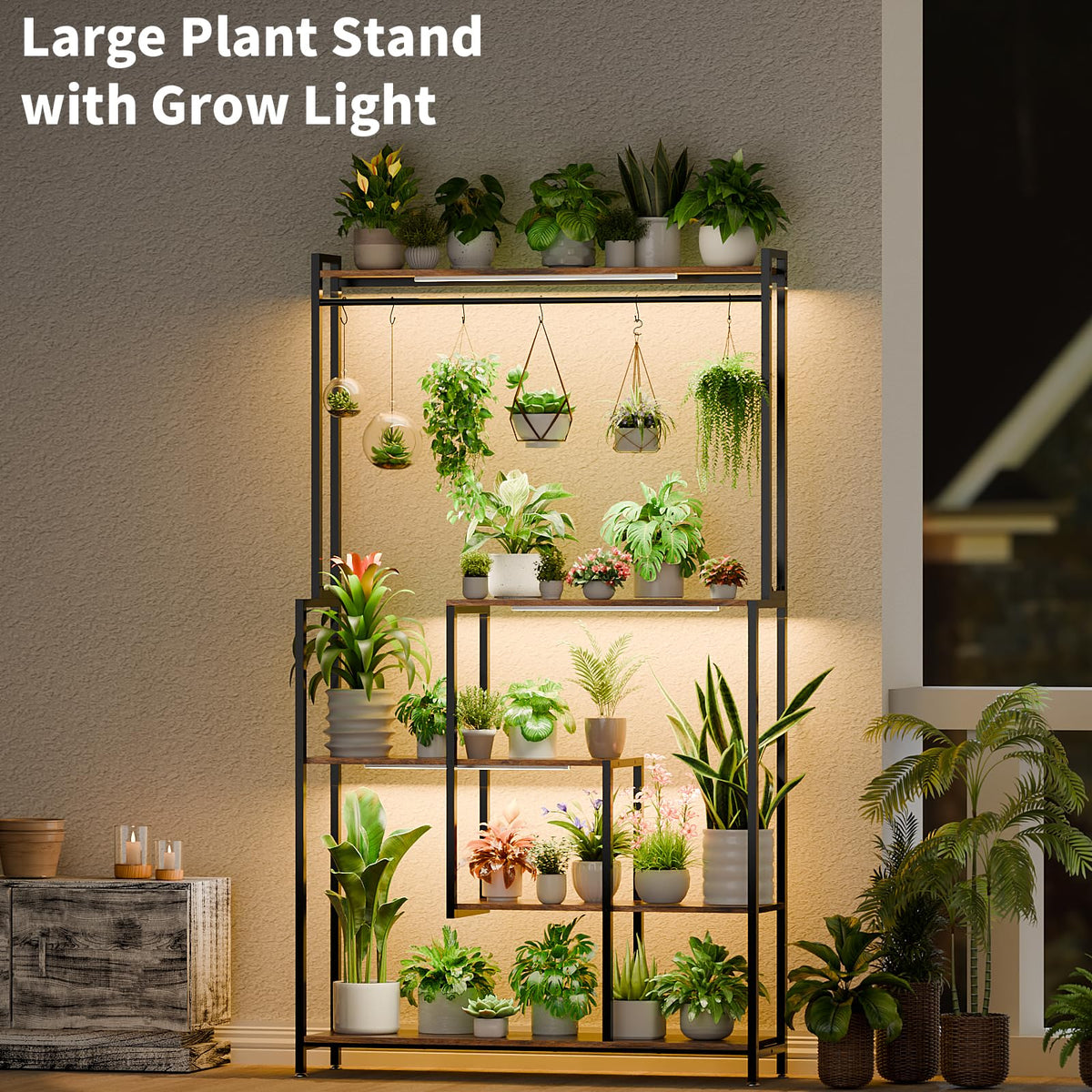 MJOMKN 5-tier plant rack displaying multiple pots for organized greenery.