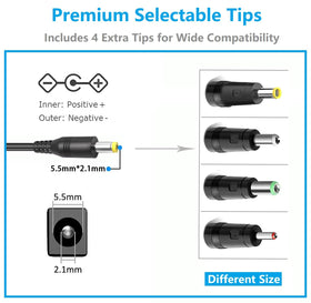 MJPOWER 90W universal adapter tip collection showing interchangeable plugs