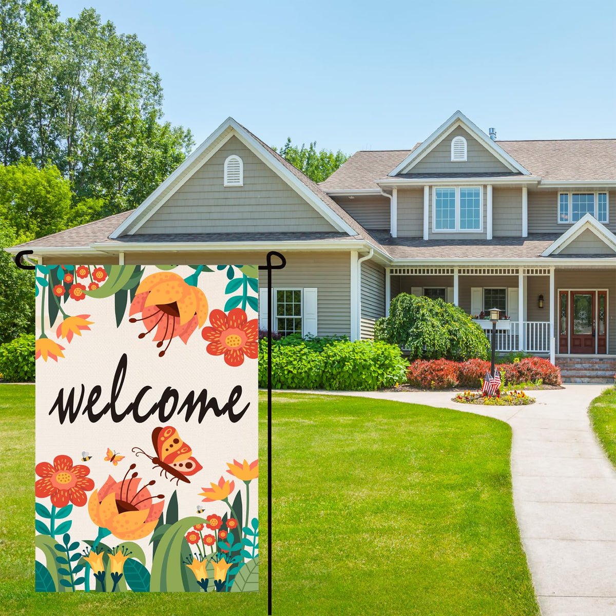 Mjqiandduo outdoor floral welcome flag enhances porch or garden entry