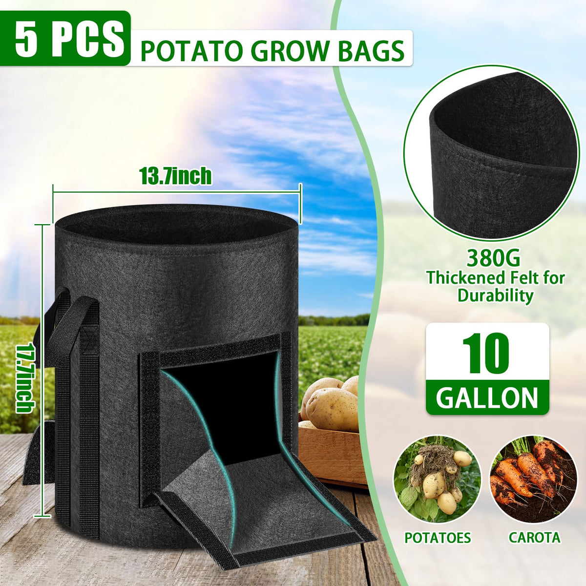 MJZ grow bag harvest window providing quick visibility of soil moisture and maturity.