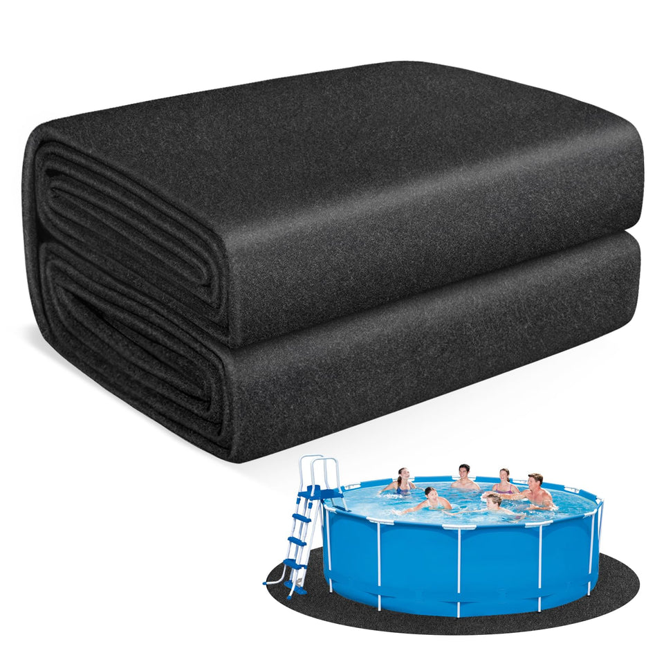 MJZ thickened pool pad under a 12ft round above-ground pool showing strong puncture resistance and padding