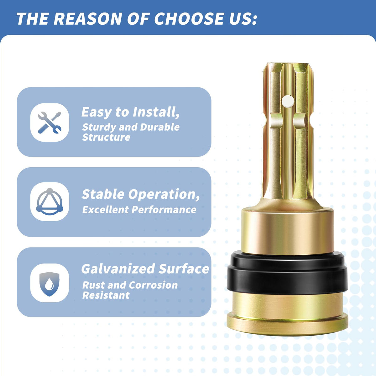 Mkekexe PTO extender shows 6-spline male end for fast, reliable PTO engagement.