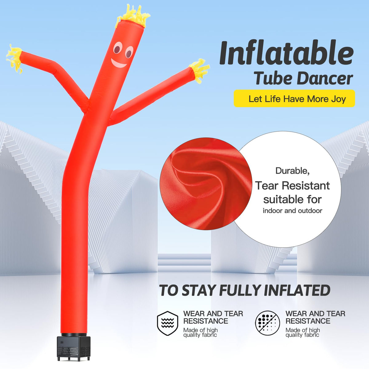 Mkevi air tube man with built-in blower shines day and night for visibility.